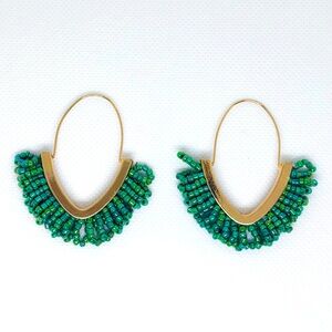 Yellow Gold Plated Artisan Iridescent Green Beaded Hoop Earrings!